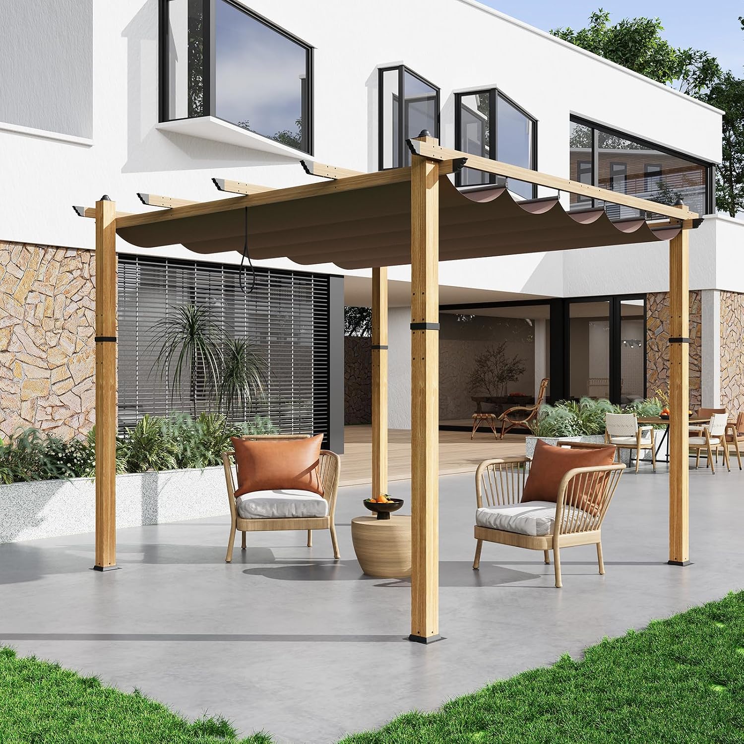10x10 Ft Outdoor Retractable Pergola with Sun Shade Canopy, Heavy-Duty Aluminum Canopy Pergola Kits for Backyard, Faux Wood Grain Metal Patio Gazebo for Garden, Porch Beach, Grape Trellis - Khaki