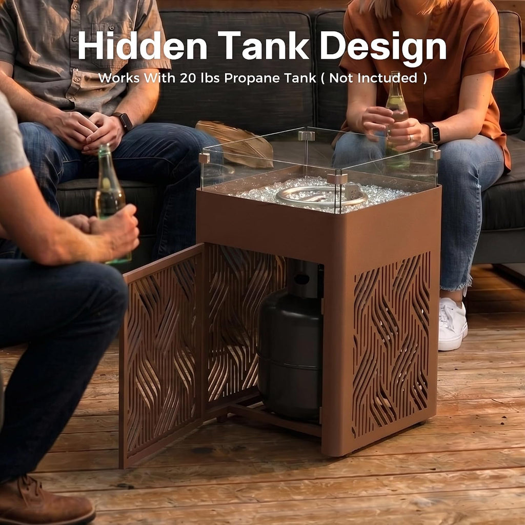 18' Aluminum Propane Fire Pit Table with 45,000 BTU, Square Outdoor Gas Fire Table with Glass Wind Guard, Glass Stones & Waterproof Cover, Patio Fire Table for Balcony, Backyard, Porch, Brown