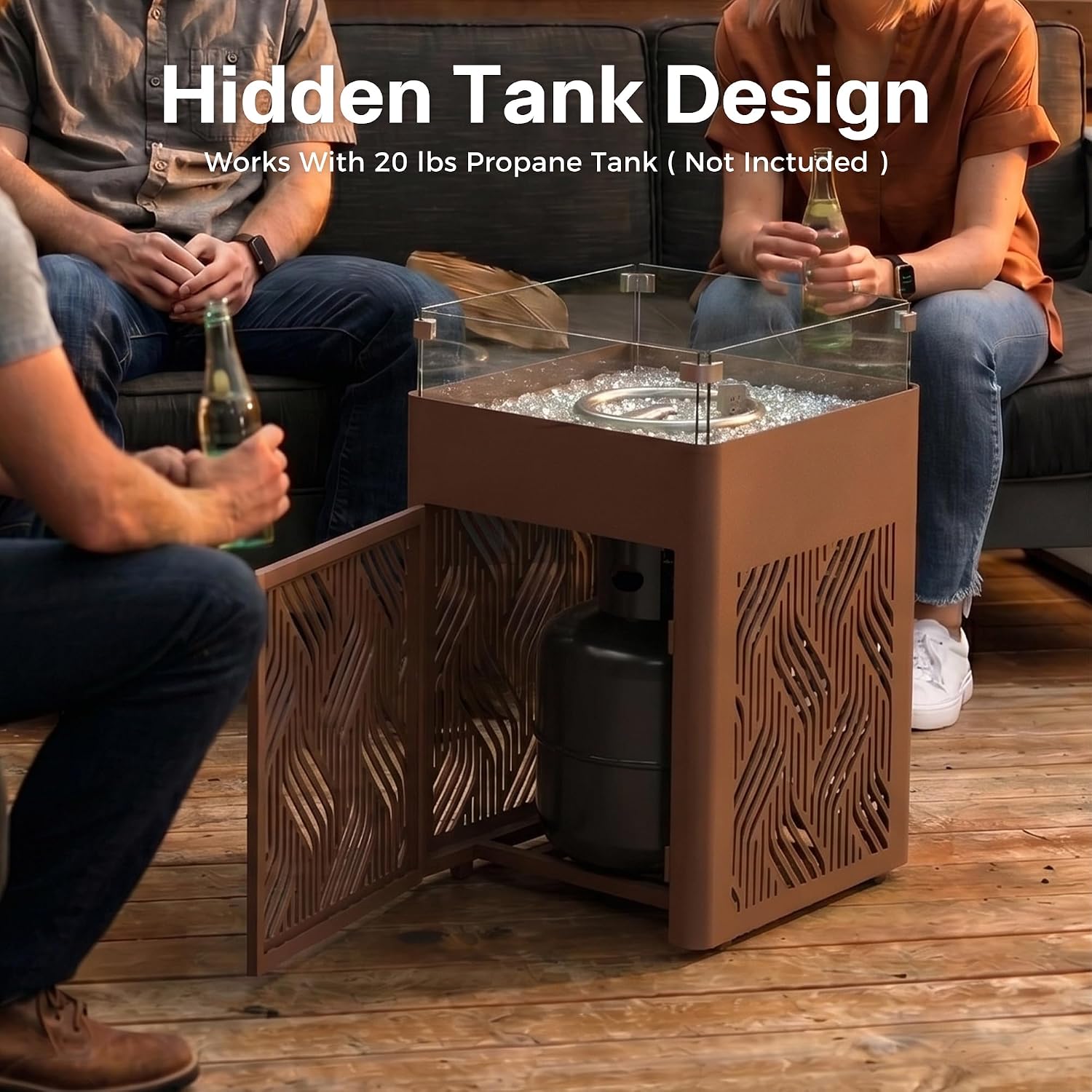 18' Aluminum Propane Fire Pit Table with 45,000 BTU, Square Outdoor Gas Fire Table with Glass Wind Guard, Glass Stones & Waterproof Cover, Patio Fire Table for Balcony, Backyard, Porch, Brown