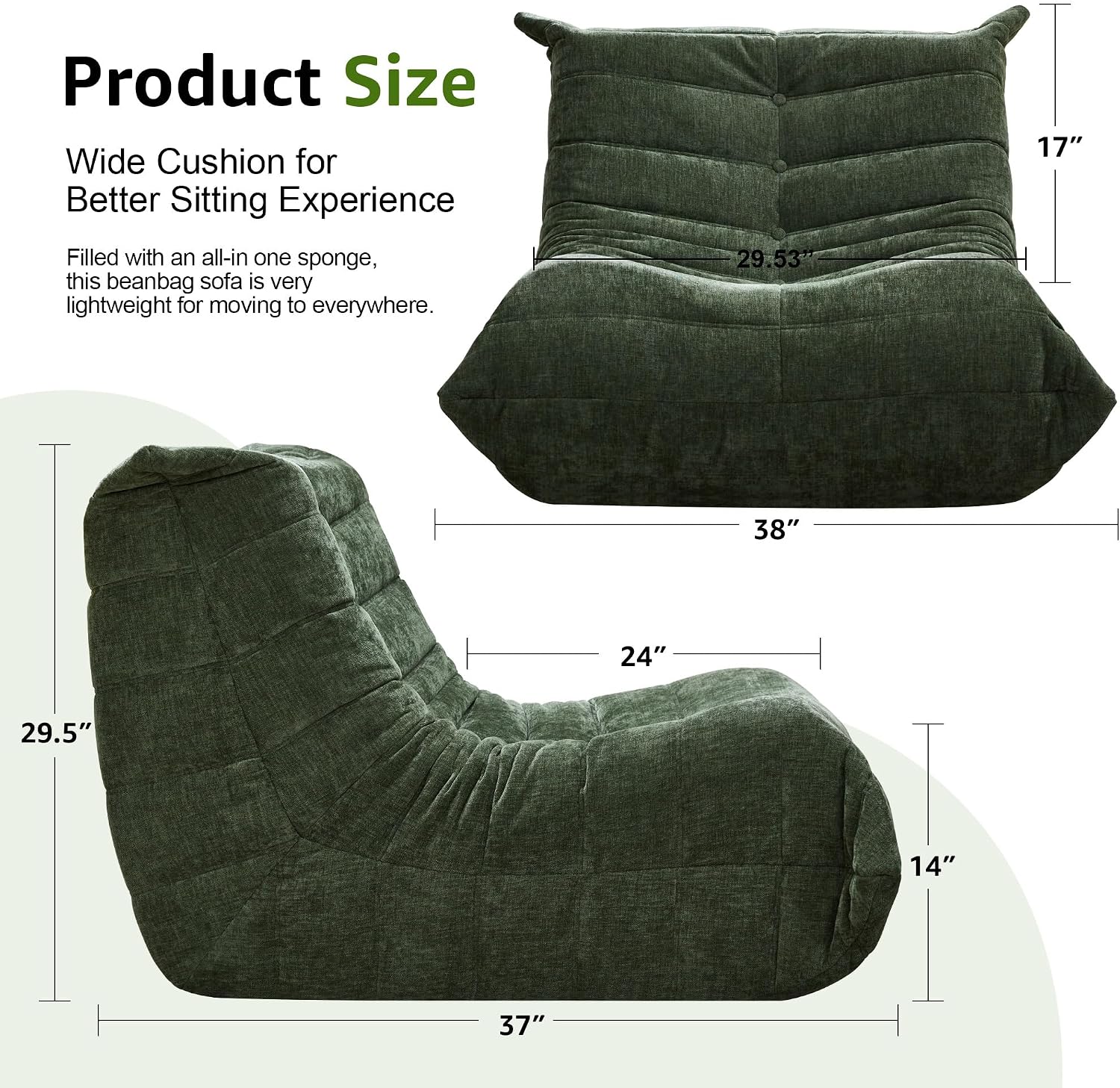 Bean Bag Chairs for Adults Giant Bean Bag Chair Memory Foam BeanBag Chair Bean Bag Sofa with Filler Faux Fur Fireside Beanbags Lazy Sofa for Living Room Bedroom Office (Green Chenille, Single)