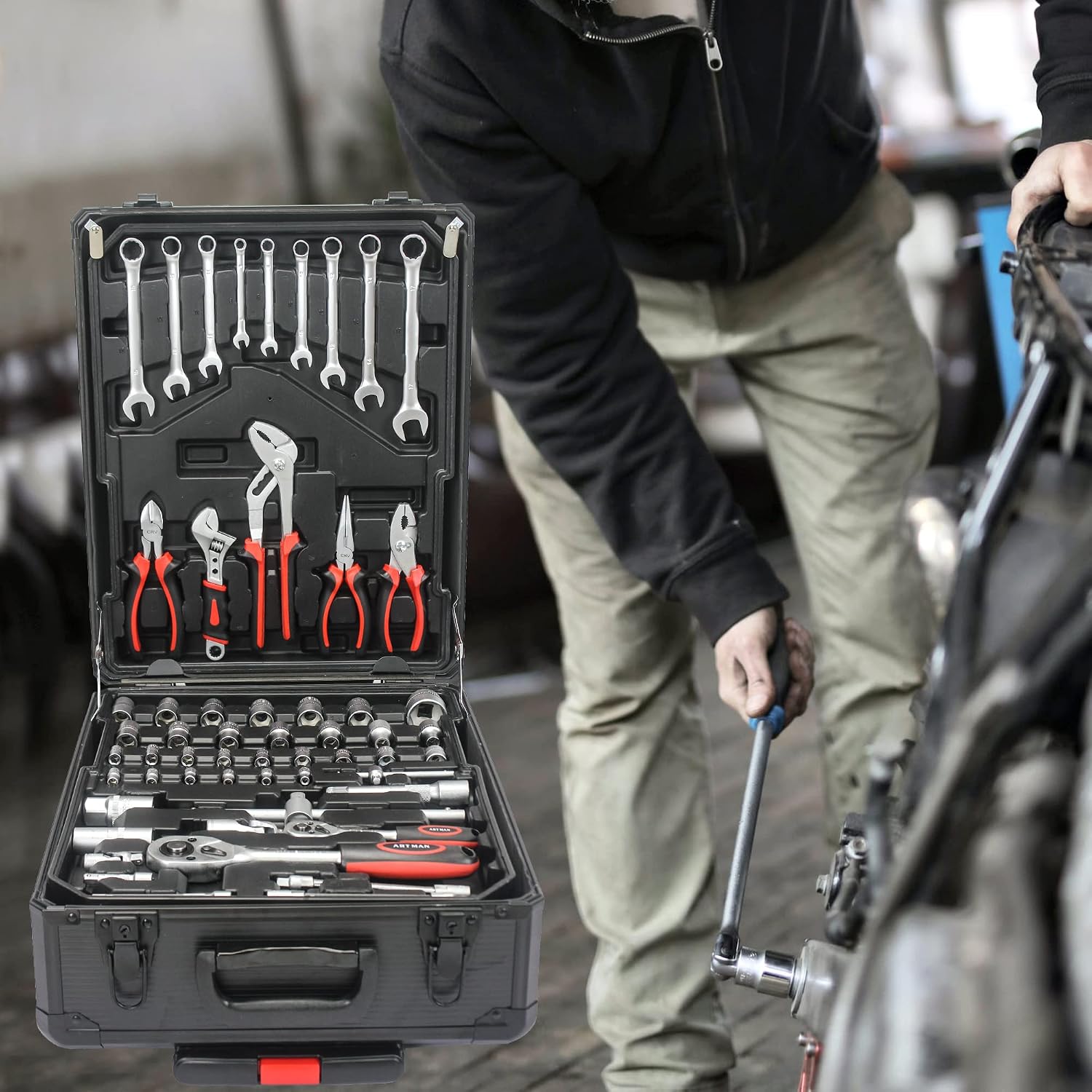 Leavader 889 Pcs Aluminum Trolley Case Tool Set with Wheels, Four-Layer Tool Kit with Rolling Tool Box, Portable Toolbox Storage Case with Drawer for Repair Gift on Father's Day