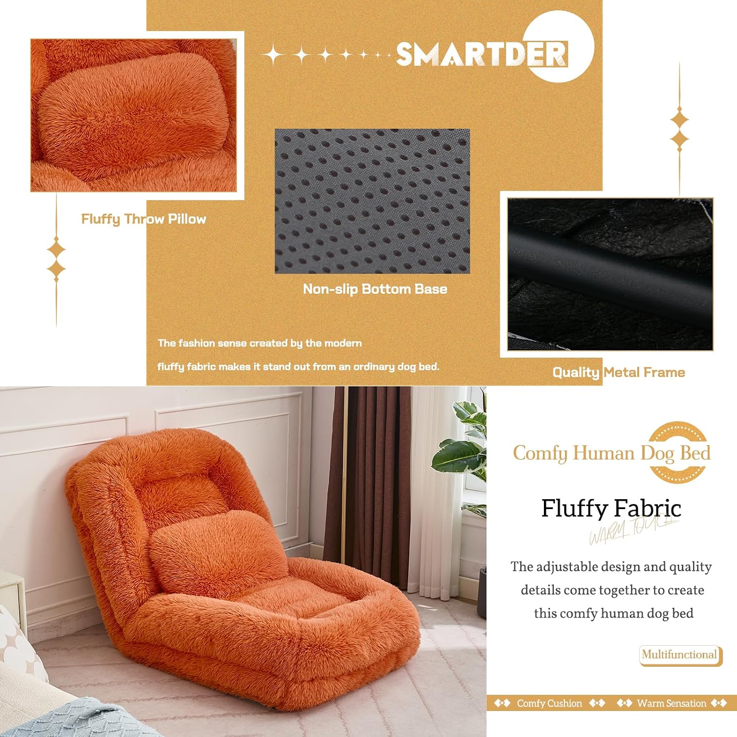 Adjustable Plush Human Dog Bed Lounger for Adult, 5-Position Foldable Lazy Lounge Sofa, Large Size Bean Bag Chair with Pillow, Folding Floor Chair for Living Room, Bedroom, Gaming Room, Orange