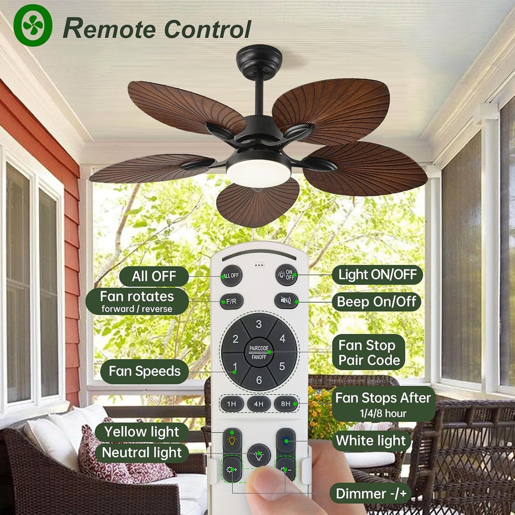 42-INCH Tropical Outdoor Ceiling Fan with Dimmable LED Light & Remote - Damp-Rated Palm Leaf Blades | Ultra Quiet DC Motor | 6 Speeds ideal for Patio Gazebo