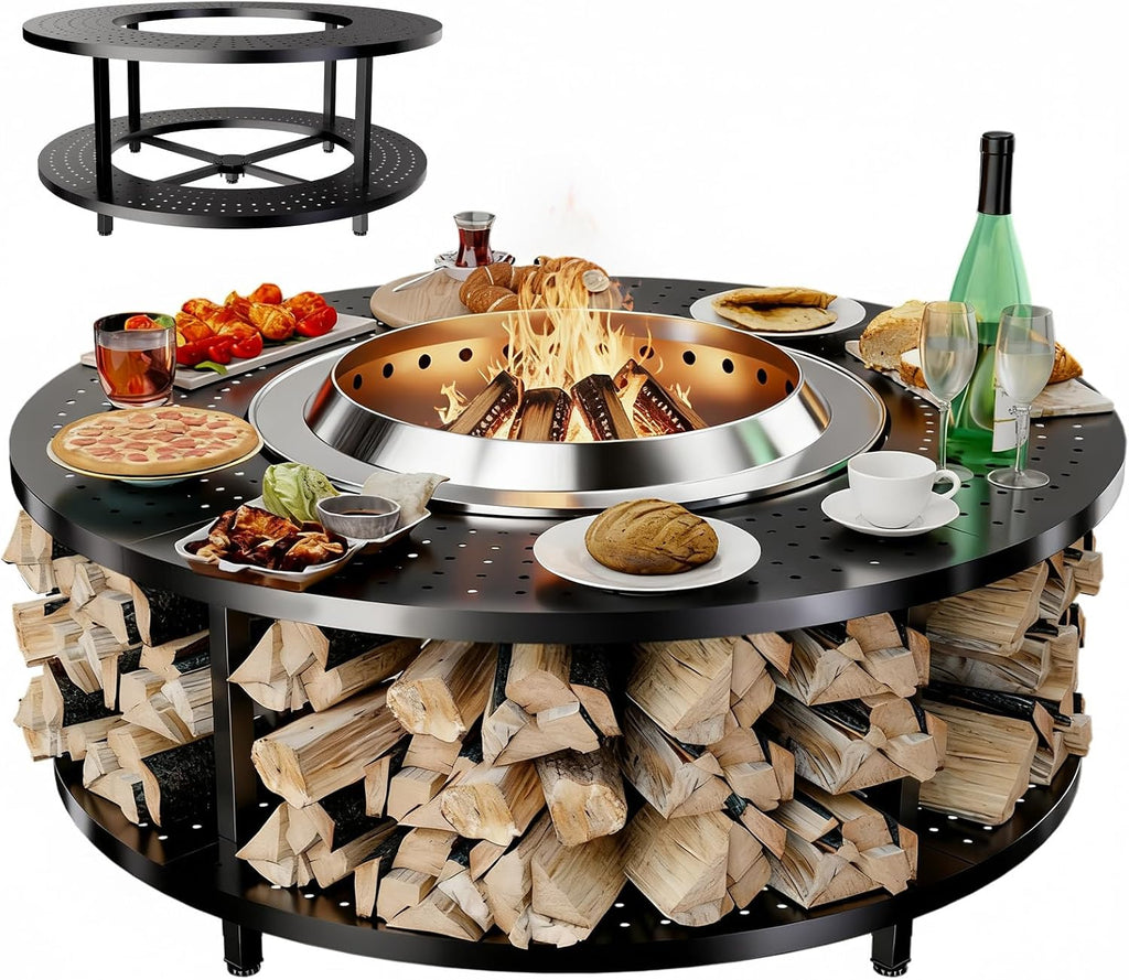 Fire Pit Surround Tabletop for Solo Stove Bonfire 1.0&2.0,Ranger 1.0&2.0, 41' Fire Pit Surround Tabletop with Wood Storage Shelf,Powder-Coated Steel Surround Tabletop with Extra Space and Raised Stand