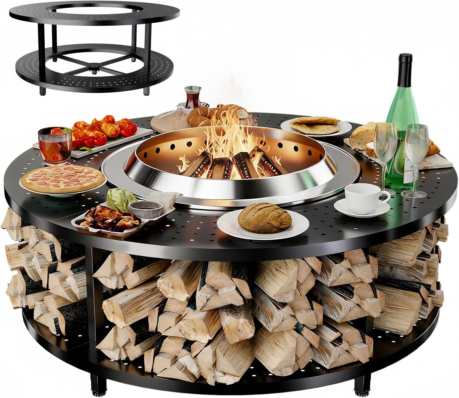 Fire Pit Surround Tabletop for Solo Stove Yukon 1.0 & 2.0, 48' Fire Pit Surround Tabletop with Wood Storage Shelf, Powder-Coated Steel Surround Tabletop with Extra Space with Raised Stand