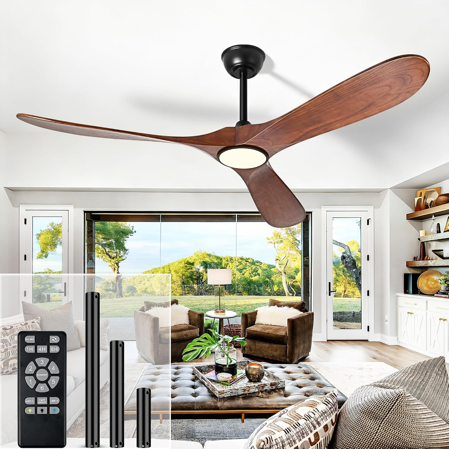 72 Inch Ceiling Fans with Lights and Remote, Wood Outdoor Ceiling Fan with 6 Speed Noiseless DC Motor, Indoor Modern 3 Blade Propeller Ceiling Fan for Bedroom Living Room Gazebo Patio(Walnut)