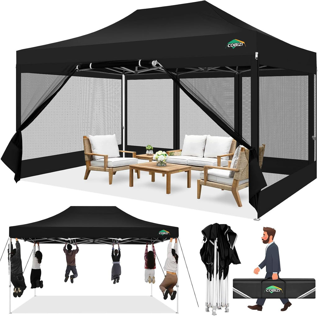COBIZI 10x15 Heavy Duty Pop up Canopy with 4 Sidewalls, Canopy Tent with Mosquito Netting, Easy up Screen Party Tents for Parties Wedding Patio Backyard Commercial Gazebo with Handbag, Black