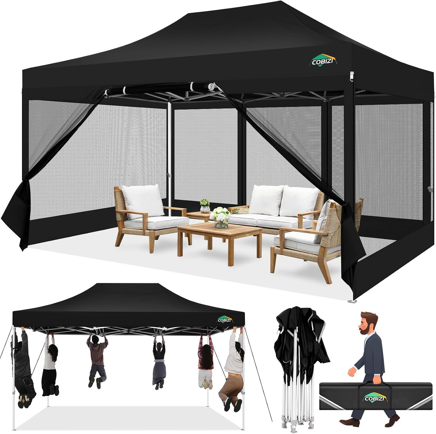COBIZI 10x15 Heavy Duty Pop up Canopy with 4 Sidewalls, Canopy Tent with Mosquito Netting, Easy up Screen Party Tents for Parties Wedding Patio Backyard Commercial Gazebo with Handbag, Black