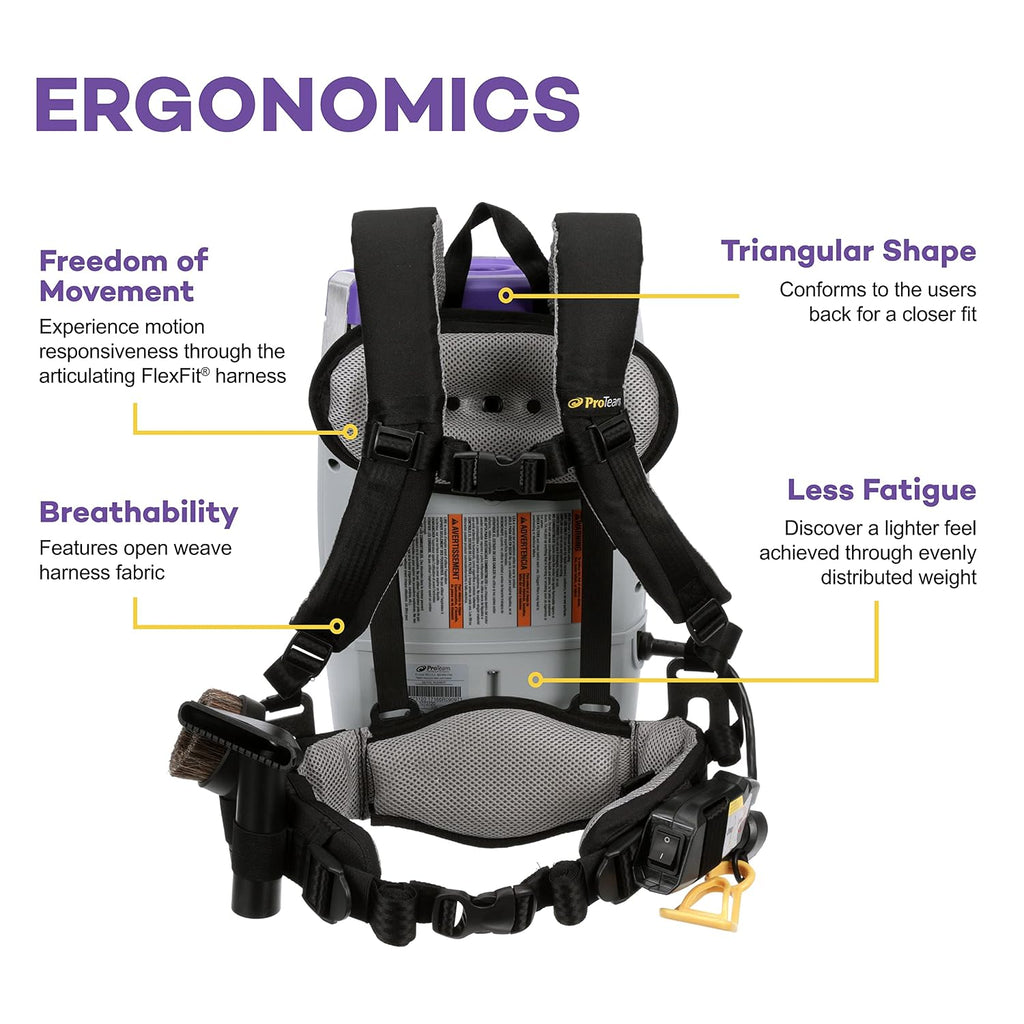 ProTeam Super Coach Pro 6 Backpack Vacuum Commercial with 2 Piece Wand Tool Kit, 6 Quart, Corded, 107308