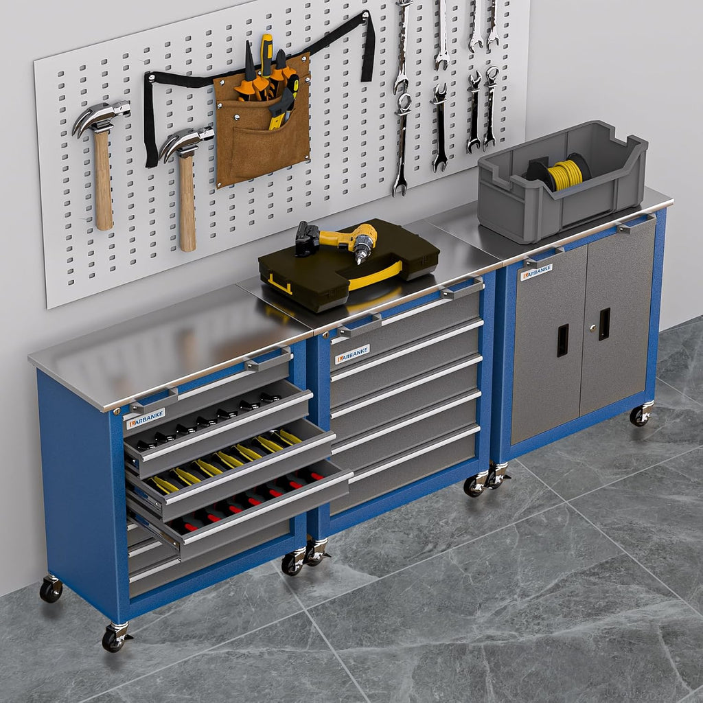 LARBANKE 7-Drawer Rolling Toolbox,Tool Box with 360° Lockable Wheels and Padded Feet,Tool Chest with Keyed Locking System and Drawer Liners,can be Combined Storage System with Tool Chest