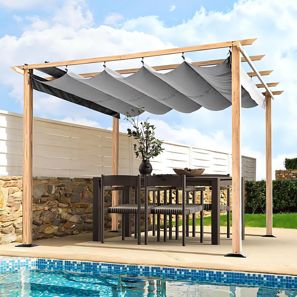 HAPPATIO 10' X 10' Wood-Grain Aluminum Pergola - Adjustable Sun Shade Canopy with Retractable Roof for Backyard, Deck, Patio, by The Pool,Grey