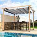 HAPPATIO 10' X 10' Wood-Grain Aluminum Pergola - Adjustable Sun Shade Canopy with Retractable Roof for Backyard, Deck, Patio, by The Pool,Grey