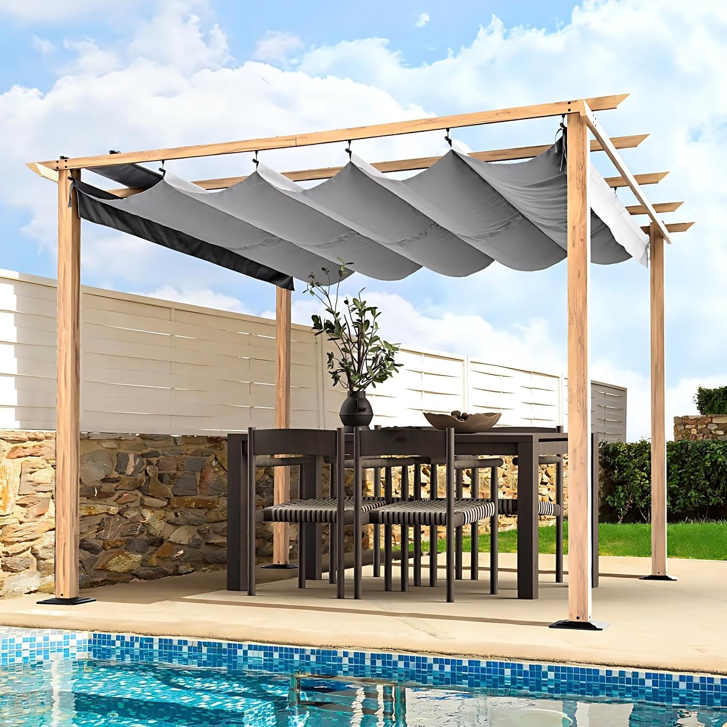 HAPPATIO 10' X 10' Wood-Grain Aluminum Pergola - Adjustable Sun Shade Canopy with Retractable Roof for Backyard, Deck, Patio, by The Pool,Grey