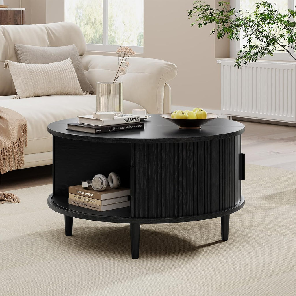 Round Coffee Table with Storage, Mid Century Modern Coffee Table, Fluted Dining Table with Sliding Door, Circle Coffee Table for Living Room Home Office, 31.5', Black