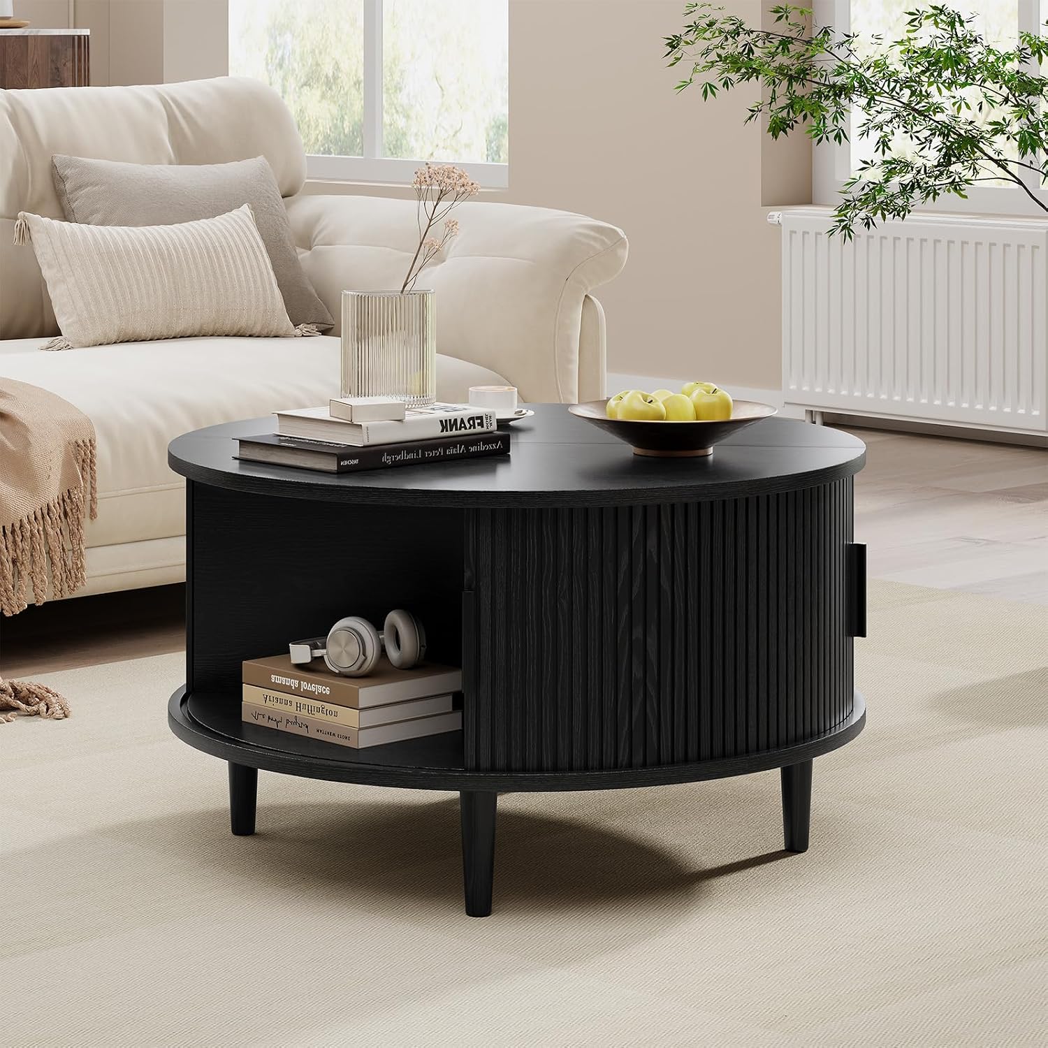 Round Coffee Table with Storage, Mid Century Modern Coffee Table, Fluted Dining Table with Sliding Door, Circle Coffee Table for Living Room Home Office, 31.5', Black