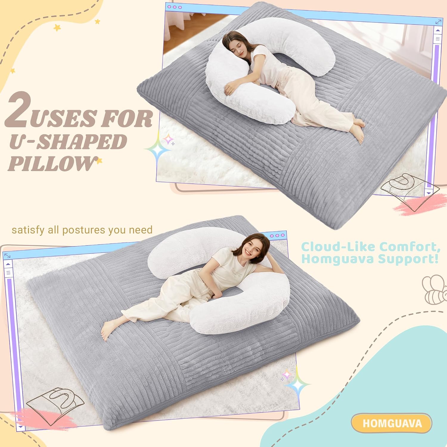 Homguava Giant Bean Bag Chair for Adults with Pillow, 4 in 1 Convertible Floor Cushion for Adluts, Memory Foamed Bean Bag Lounger with Washable Cover for Living Room, Bedroom