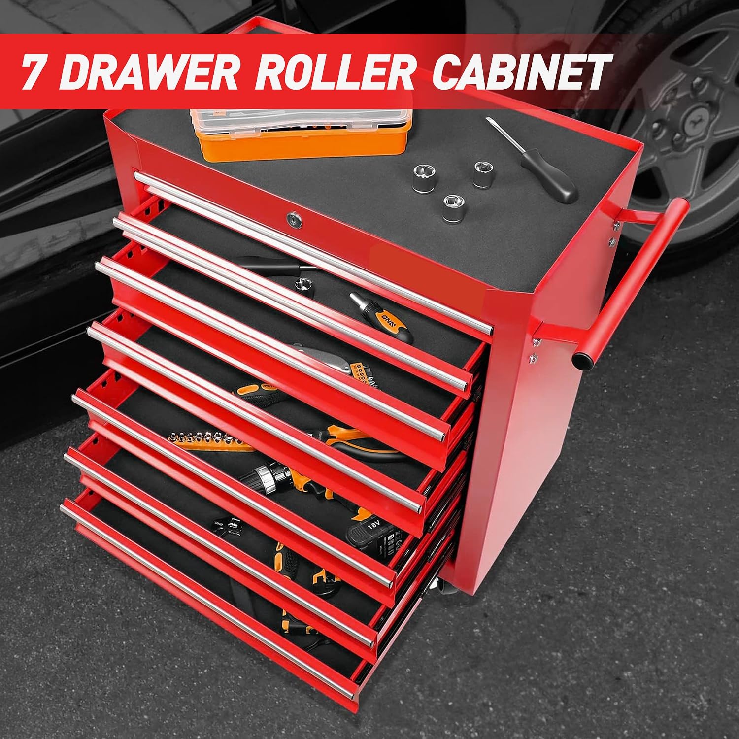 7 Drawers Tool Cart on Wheels, Multifunctional Rolling Storage Tool Chest,Drawers Rolling Tool Trolley Organizer Case for Garage,Warehouse,Workshop,Repair Shop (7 Drawers - Red)