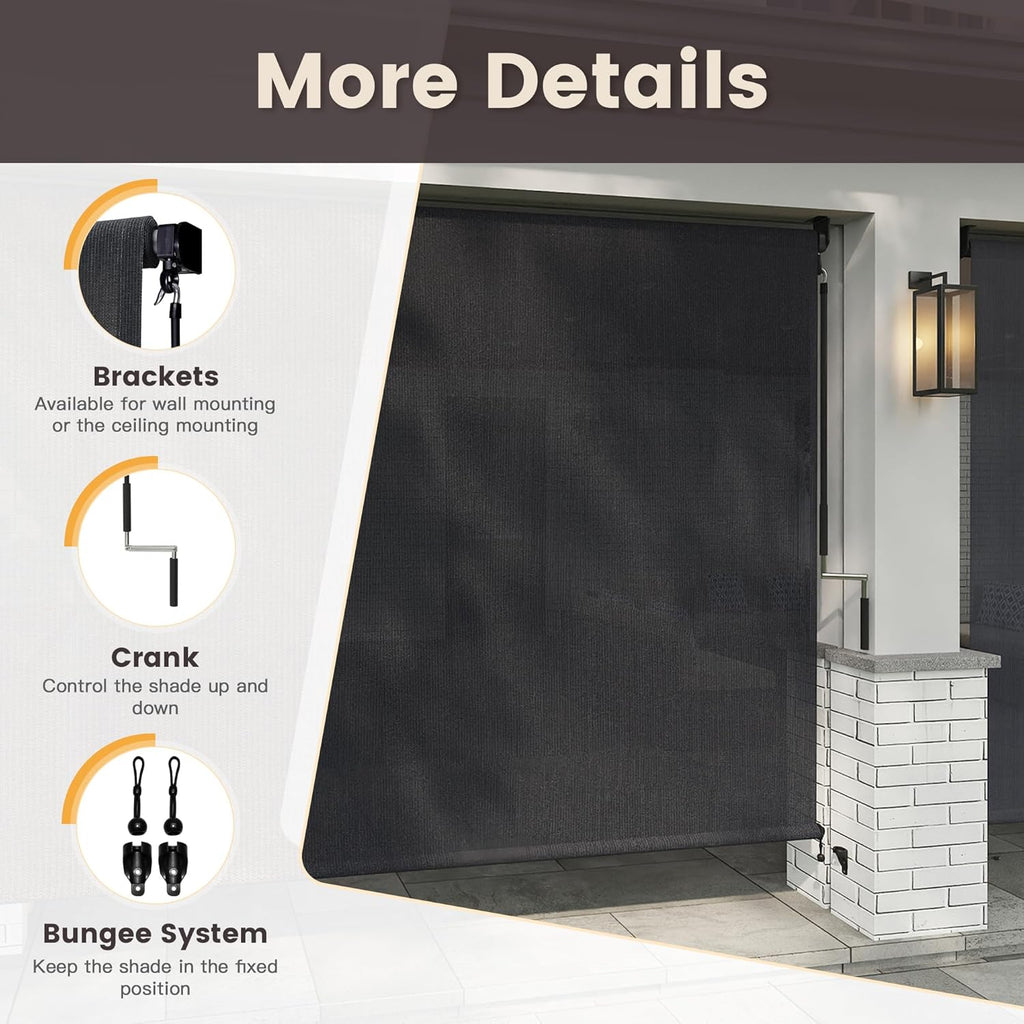 VICLLAX Outdoor Roller Shade Fabric for Porch Gazebo, Patio Cordless Blinds Roll Up Shade (9' W X 8' L), Graphite Black