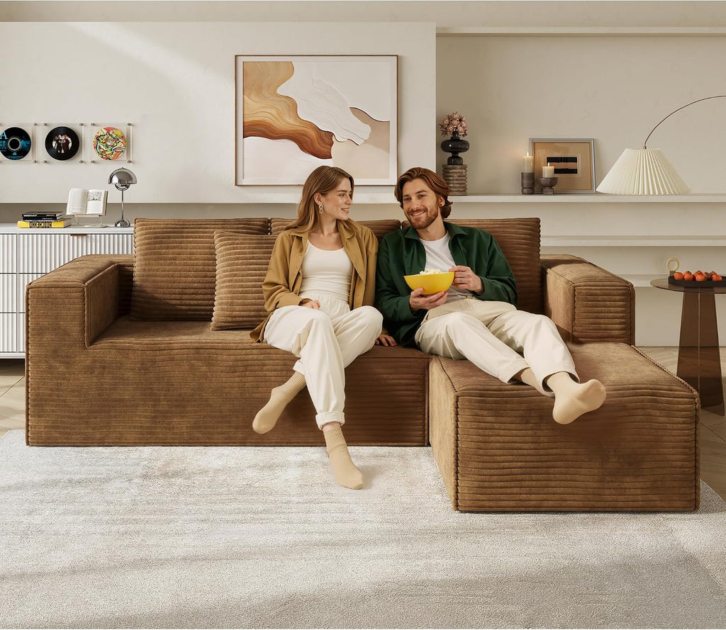 WLIVE 108'' Cloud Sectional Couches for Living Room, Modular Boneless Couch with Right Facing Chaise, L Shape Memory Foam Corduroy, with Cushion, Brown