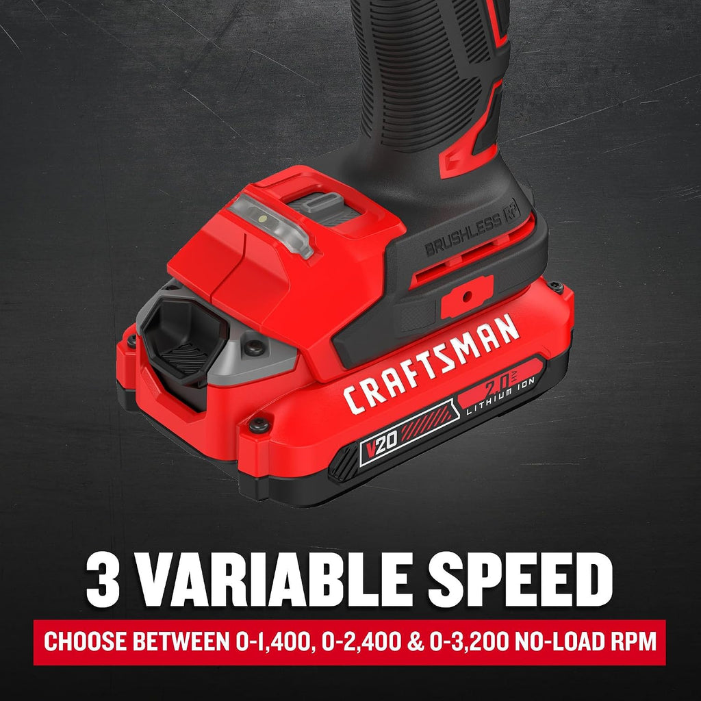 CRAFTSMAN V20 Cordless Brushless Impact Driver Set, 1/4 Impact Driver, Includes 2 Batteries and Charger (CMCF830D2)