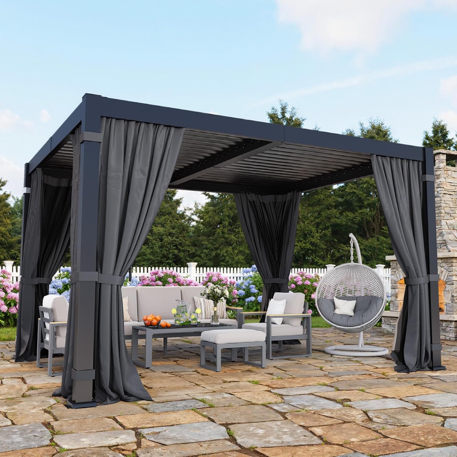 Kiss the Water 10'x12' Louvered Pergola with Privacy Curtains & Netting, Heavy-Duty Metal Hardtop Gazebo with Adjustable Roof and Gutter System, Metal Outdoor Pergola for Deck, Garden, Dark Gray