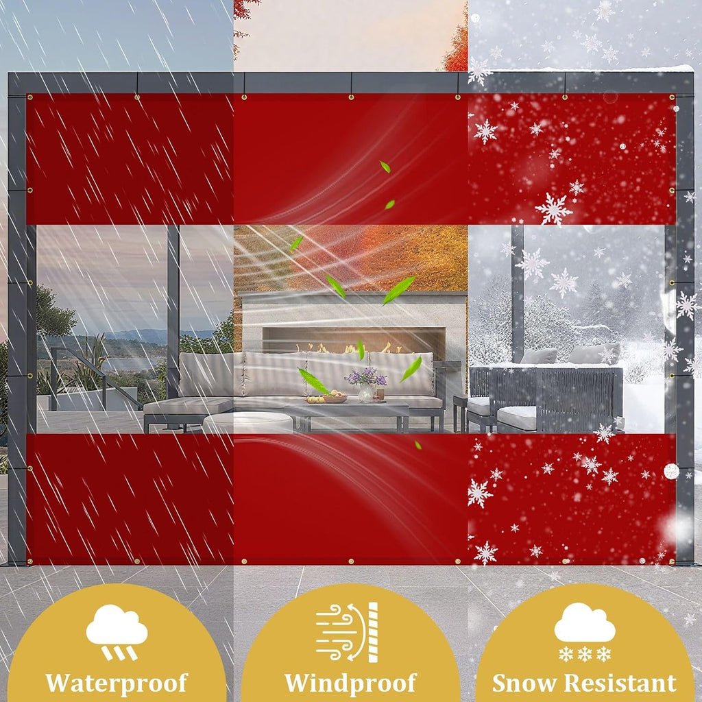 Shade&Beyond Outdoor Vinyl Curtain, 12' W x 10' L Heavy Duty Clear Tarp with Grommets Waterproof, Privacy Clear Panel UV-Resistant for Pergola Gazebos Porch Enclosure Patio(Customized Size, Red)