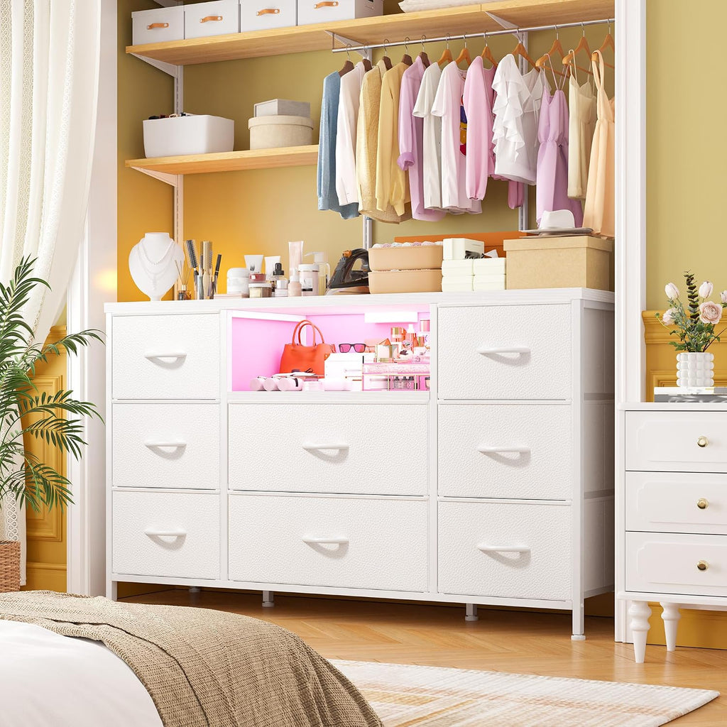 White Dresser for Bedroom with LED Lights & Charging Station, Dresser TV Stand for Bedroom with 8 Drawer for 55 inch TV, Fabric Dressers & Chests of Drawers with Open Shelves for Hallway Entryway