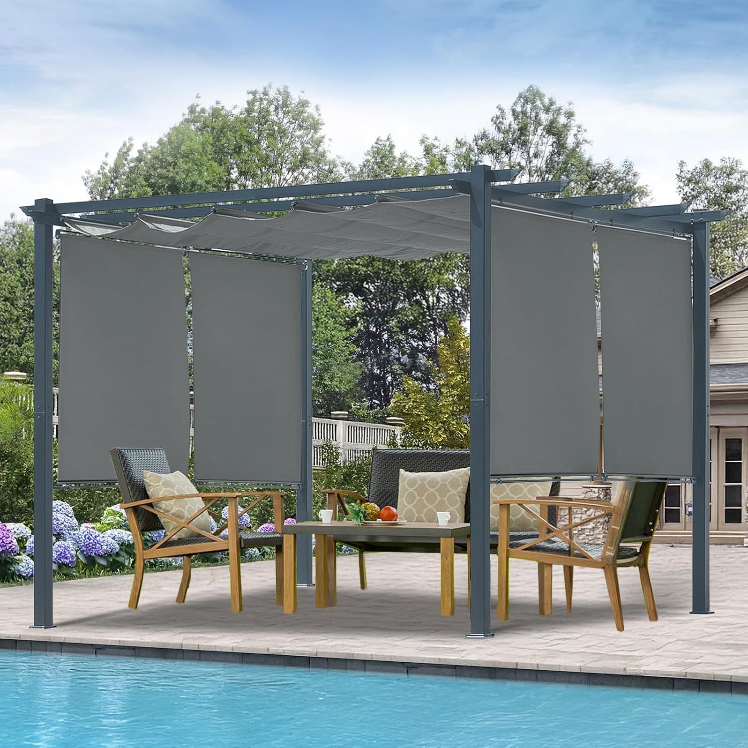 10 x 10 Ft Outdoor Aluminum Pergola, Retractable Canopy & 2 Sides Shades for Patio Backyard Garden Deck