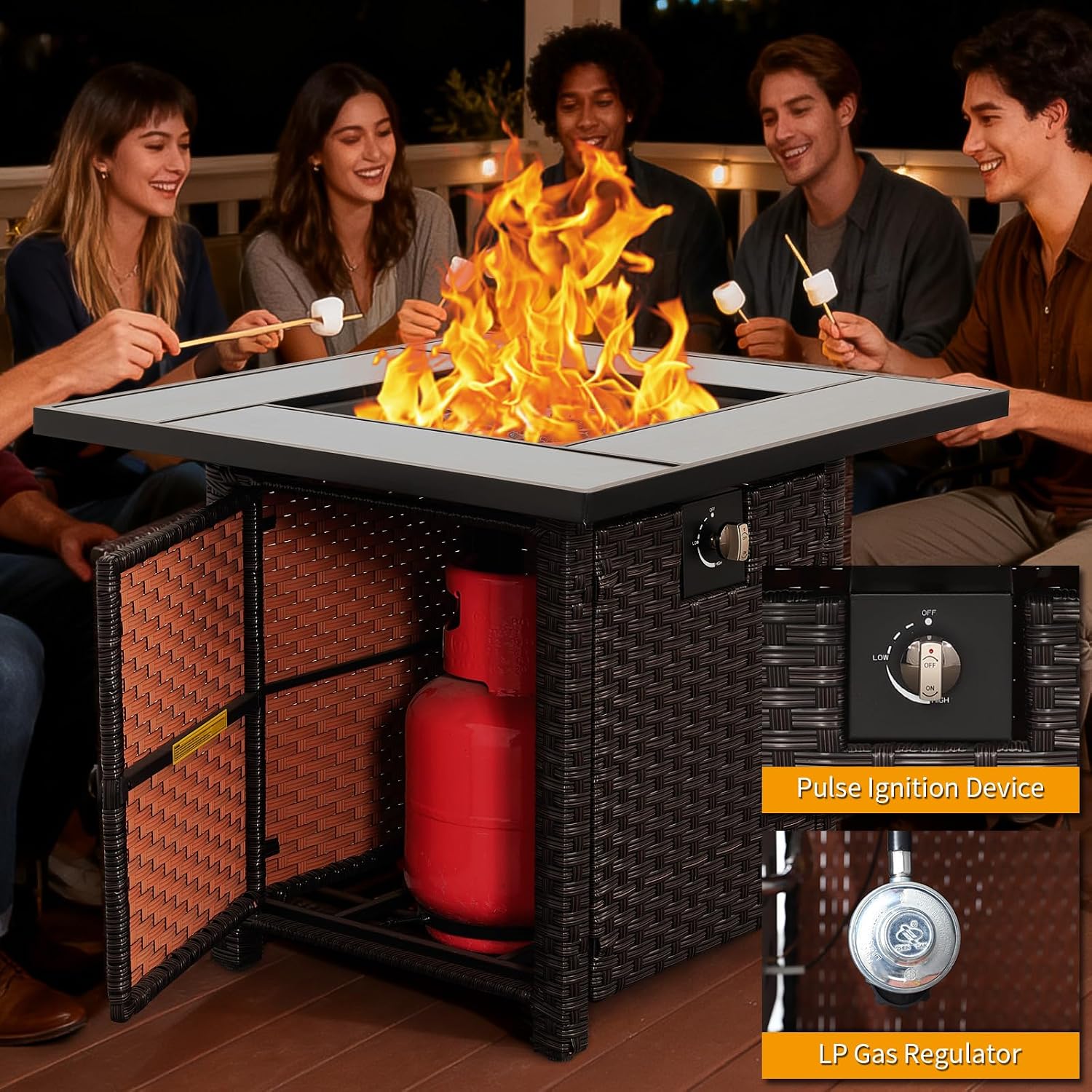 50000 BTU Brown Wicker Gas Fire Pit Outdoor Fire Pit Table 30 Inch Fire Pits for Outside with Woodgrain Marble Tabletop Fire Pit Cover and Blue Crystal Beads