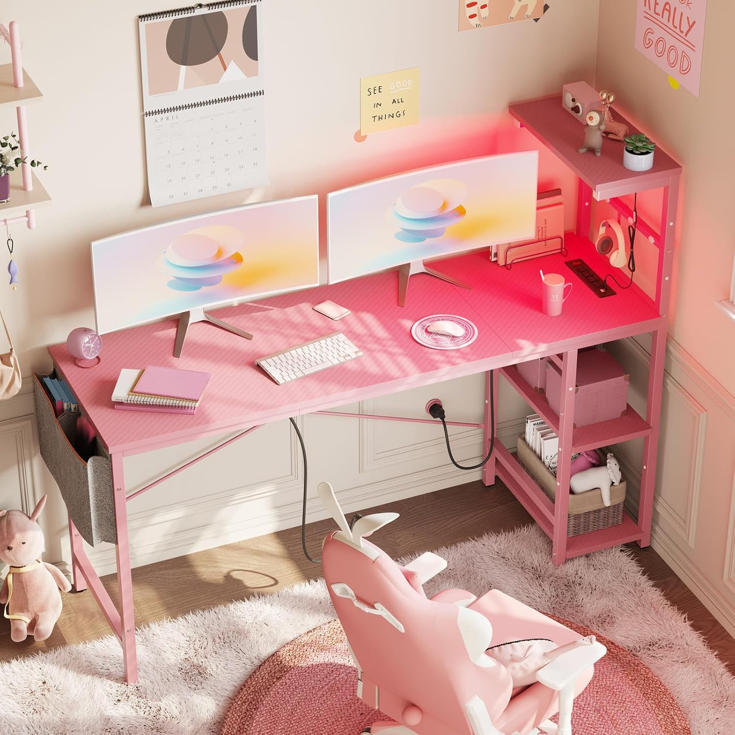 Bestier Gaming Desk with Power Outlets, 61 Inch Large Led Gamer Desk with 4 Tiers Reversible Shelves, PC Gaming Table with Headset Hook & Side Storage Bag for Bedroom (Pink 3D Carbon Fiber)