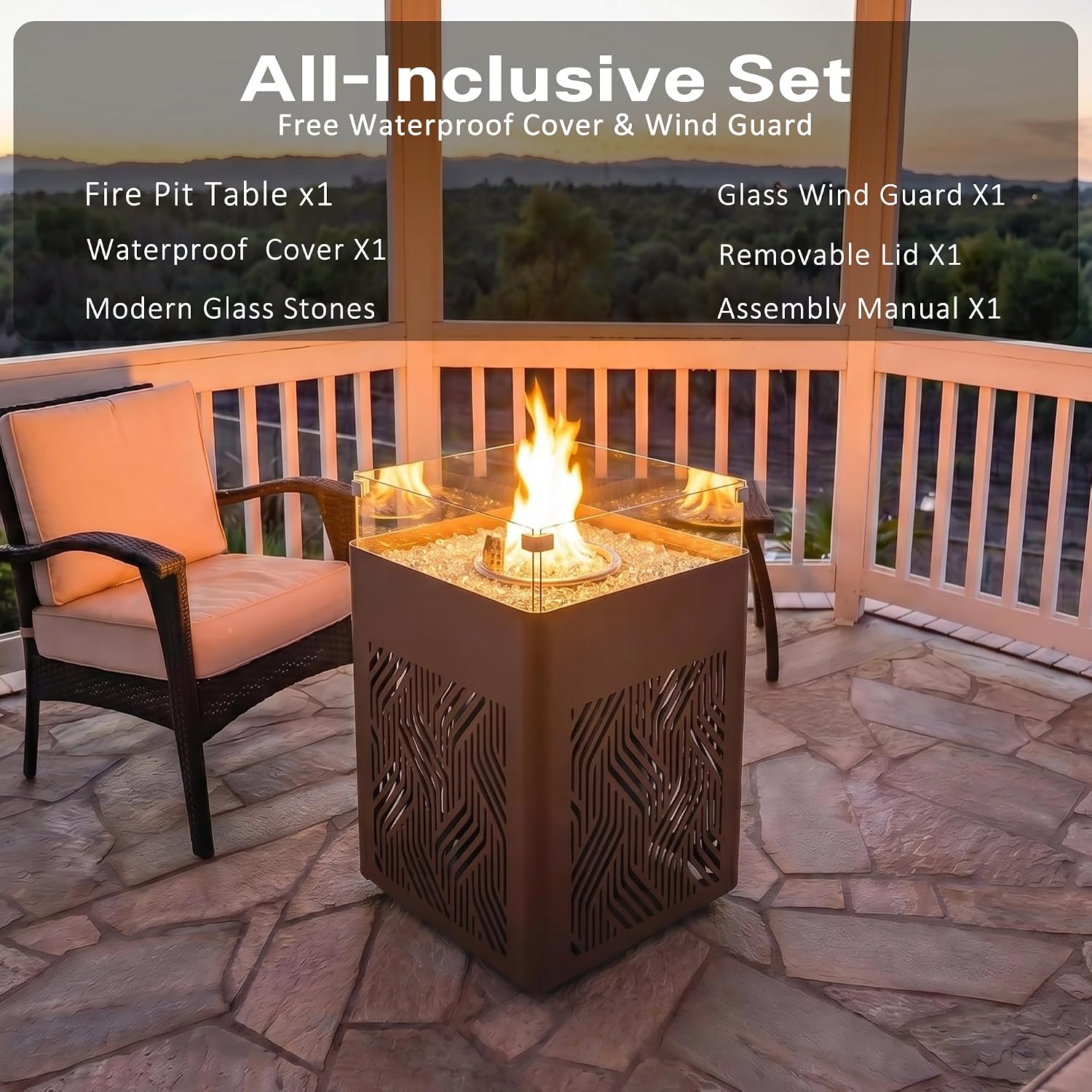18' Aluminum Propane Fire Pit Table with 45,000 BTU, Square Outdoor Gas Fire Table with Glass Wind Guard, Glass Stones & Waterproof Cover, Patio Fire Table for Balcony, Backyard, Porch, Brown