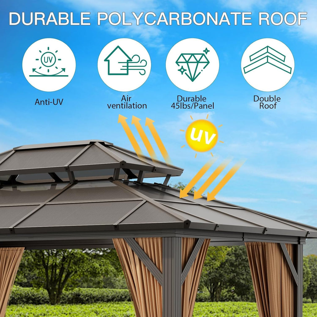 13'x10' Aluminum Permanent Hardtop Gazebo with Double Roof, Includes Removable Curtains & Mosquito Netting for Patio, Garden, and Backyard Use