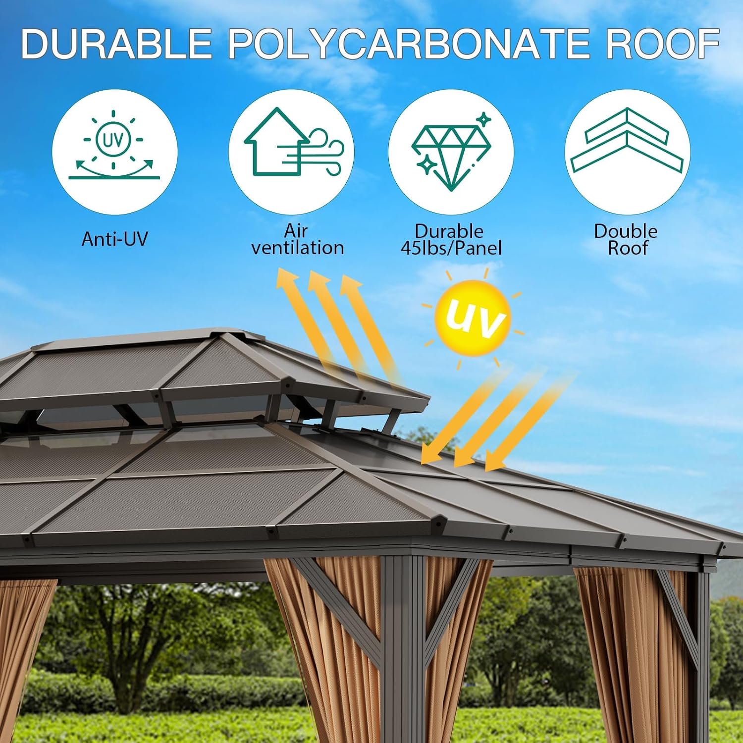 13'x10' Aluminum Permanent Hardtop Gazebo with Double Roof, Includes Removable Curtains & Mosquito Netting for Patio, Garden, and Backyard Use