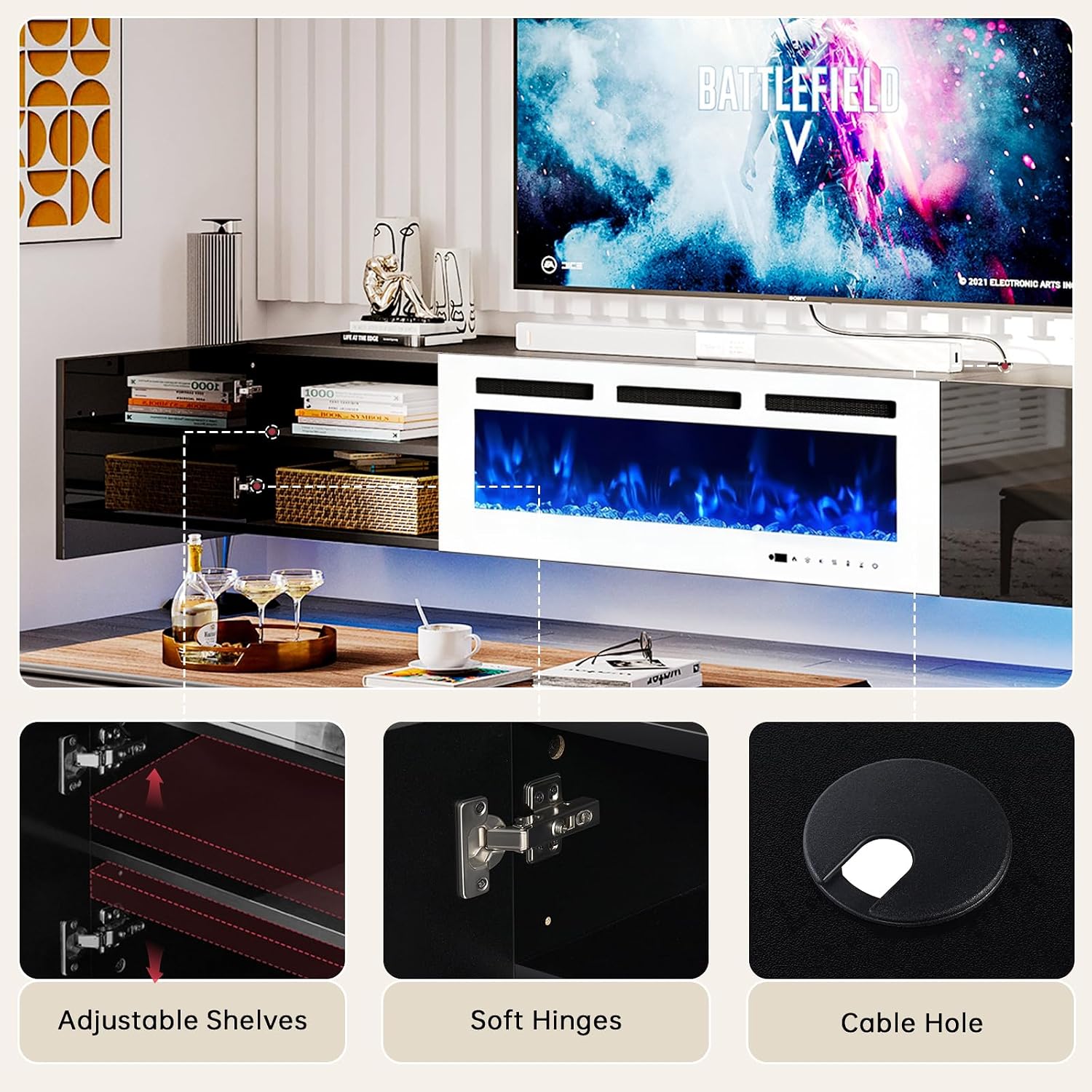 oneinmil 80' Floating TV Stand with 40' Electric Fireplace, Modern Entertainment Center with Storage, Adjustable 12-Color LED Lights, Fire Place TV Console for Living Room, Black+White