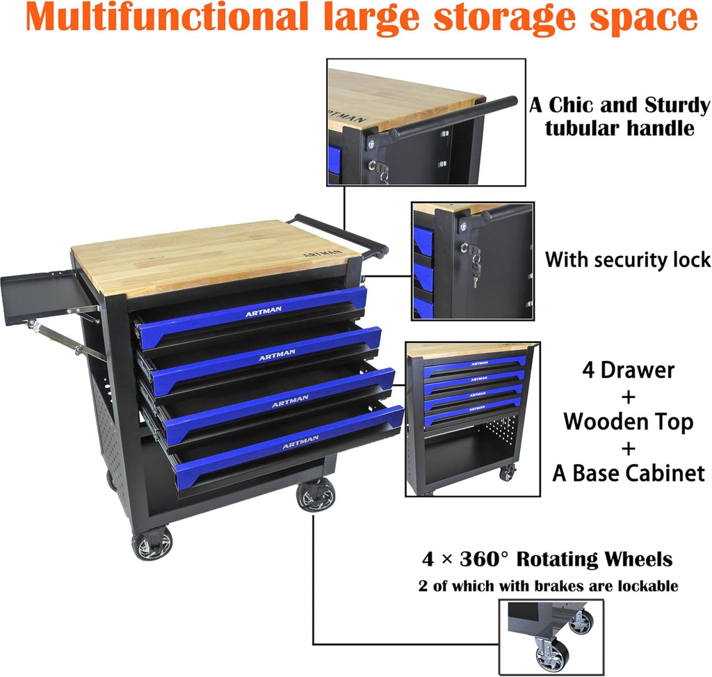 4 Drawers Tool Chest on Wheels,Tool Storage Cart with Wooden Top,Drawers Rolling Tool Box Organizer Tool Case with Lock for Garage,Warehouse,Workshop,Repair Shop (4 Drawers-35.4'H-Black&Blue)