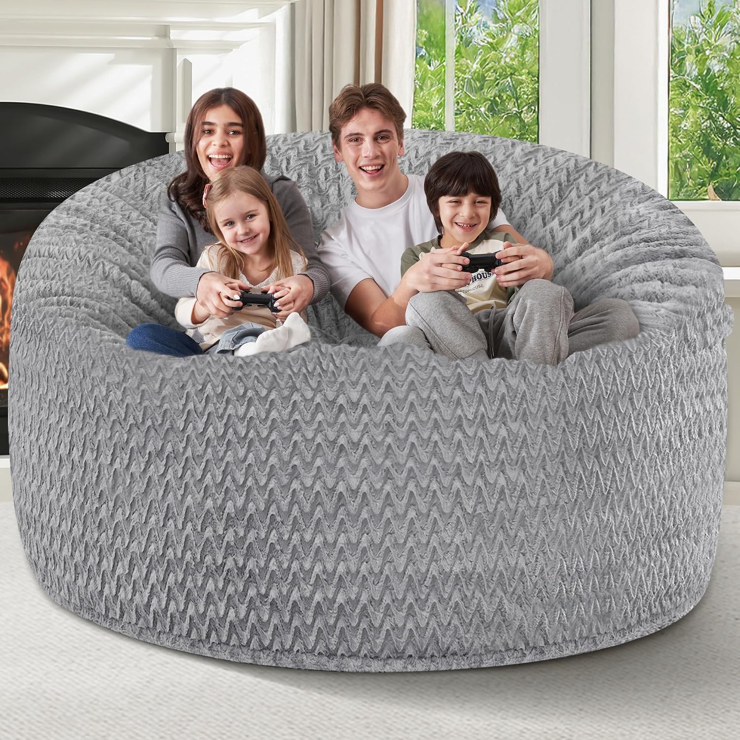 HABUTWAY 6FT Bean Bag Chair,Giant Bean Bag Chairs for Adults,Big Bean Bags with Memory Foam Filled, Large Beanbag Chairs with Chevron Plush Cover-Grey