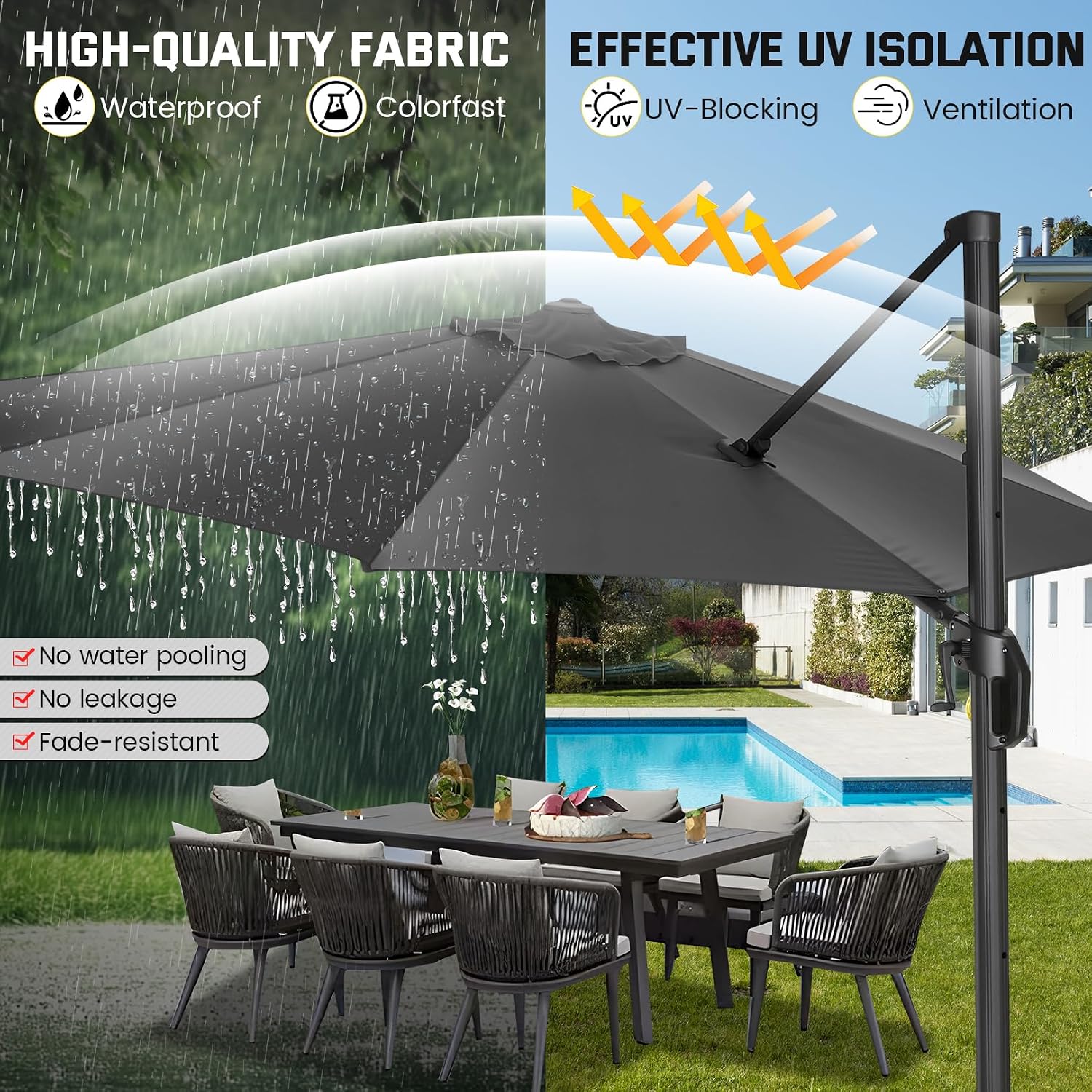 Hoteel 10ft Patio Umbrella Heavy Duty Aluminum Windproof & Shade Provision Outdoor Cantilever Round Offset Large Umbrella Height Adjustable with 360°Rotation for Patio Pool Deck Gazebo, Gray