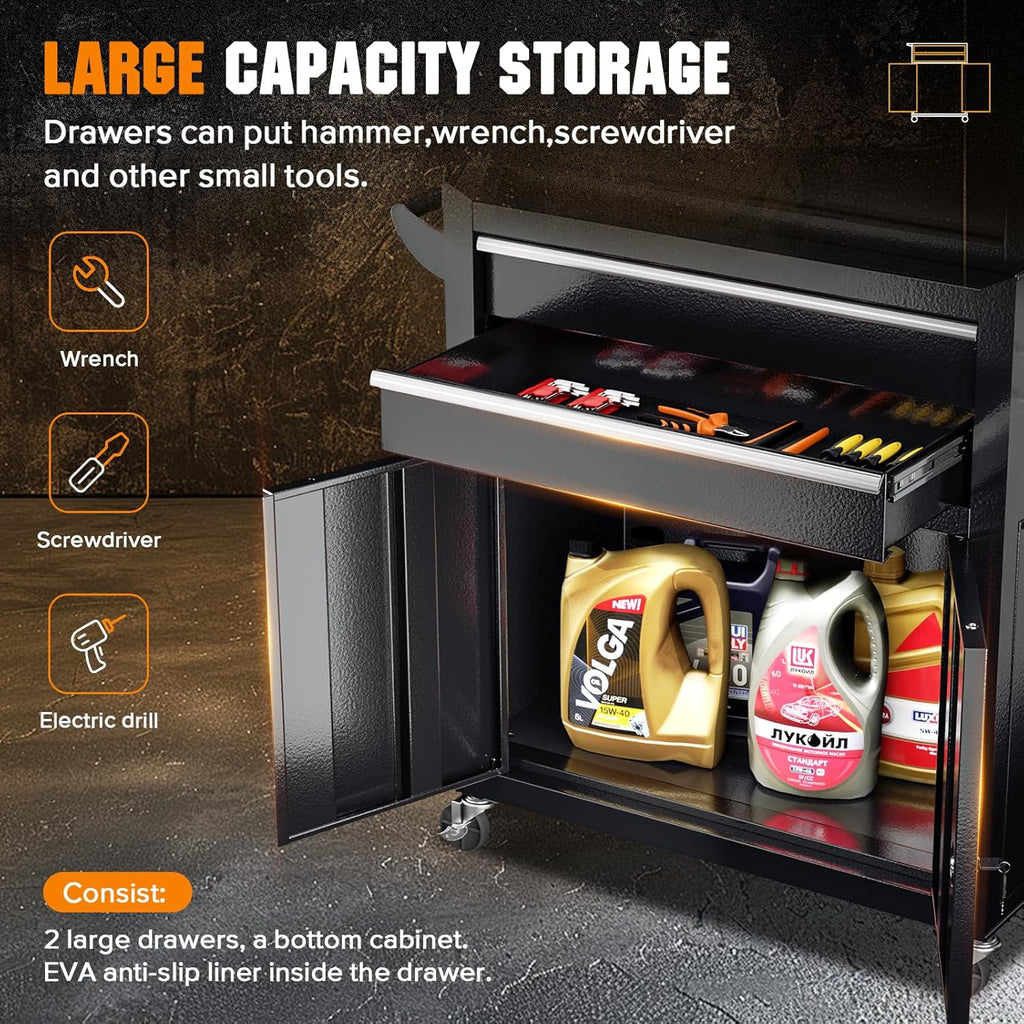 Oakcloud Heavy-Duty 8-Drawer Rolling Tool Chest and Cabinet Combo with Lock, Detachable Top Box, Side Hooks & Black Liners,Black