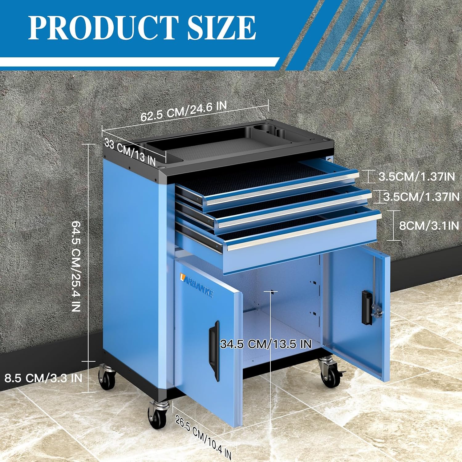 LARBANKE Rolling Tool Chest with Lock&Keys,360° Wheels and Drawer Liners,Tool Cabinet with 3 Drawers&2 Doors,Tool Cabinet Equipped with Connecting Rods for Stacking with 5&7-Drawer Chest