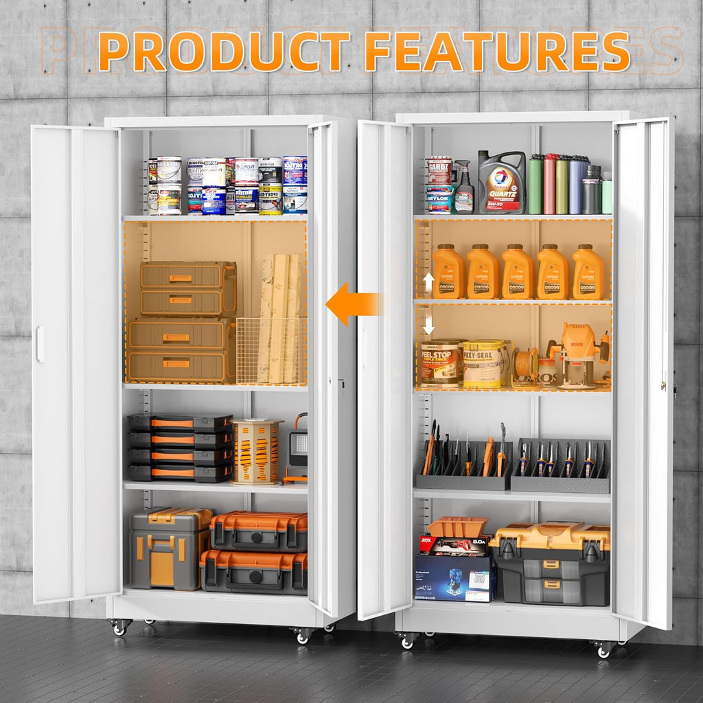 Superday 72' Metal Cabinet with Wheels, Lockable Steel Utility Cabinet with 2 Doors and 4 Adjustable Shelves, Tall Storage Cabinets for Garage, Home Office, Kitchen Pantry, Living Room, White