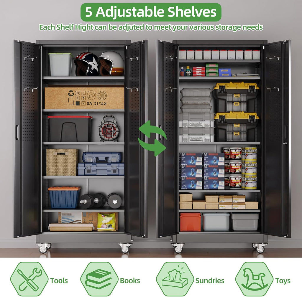 Garage Storage Cabinet with Wheels and Pegboard, 71' H x 32' W x 16' D Lockable Metal Storage Cabinet with 5 Adjustable Shelves and 2 Doors for Garage Home, Assembly Required, Black