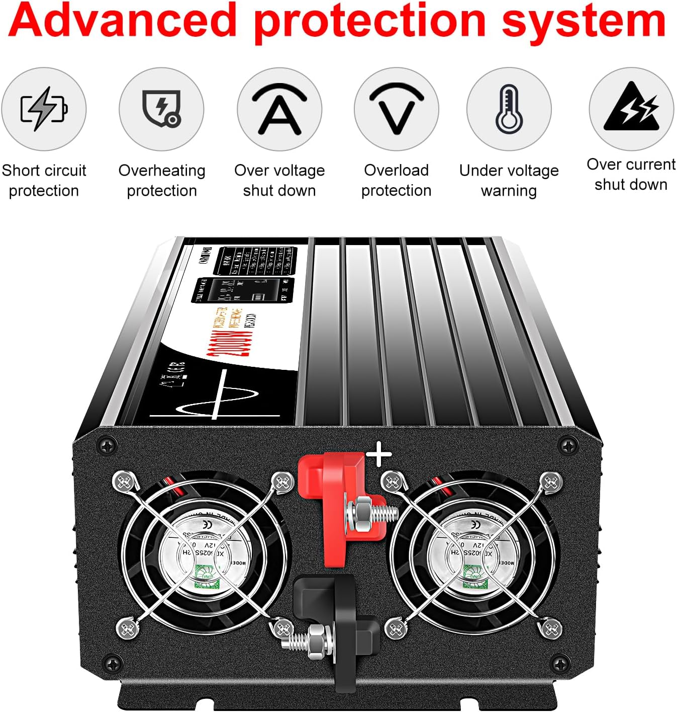 Xijia 2000W Pure Sine Wave Inverter，12V to 120V AC Converter for Home，Solar Systems，Remote and Bluetooth Control for Truck，Camping，with 2 AC Socket，Surge Power 4000W