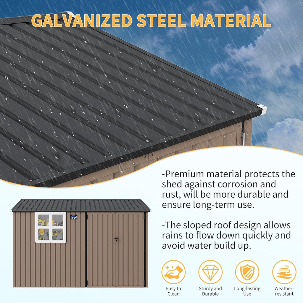 10x8FT Outdoor Steel Storage Shed with Clear Window, Lockable Doors, Weather-Resistant Metal Tool Shed for Garden, Backyard, Patio, and Utility Storage,Brown