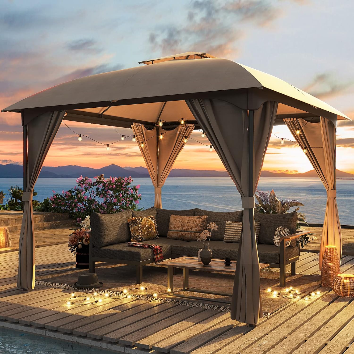 LAUSAINT HOME 10'x10' Patio Curved Gazebo Outdoor Canopy Tent, 2025 Party Tent Shelter with Expansion Bolts and Wind-Resistant Ropes for Patios, Garden, Backyard and Lawn, Khaki