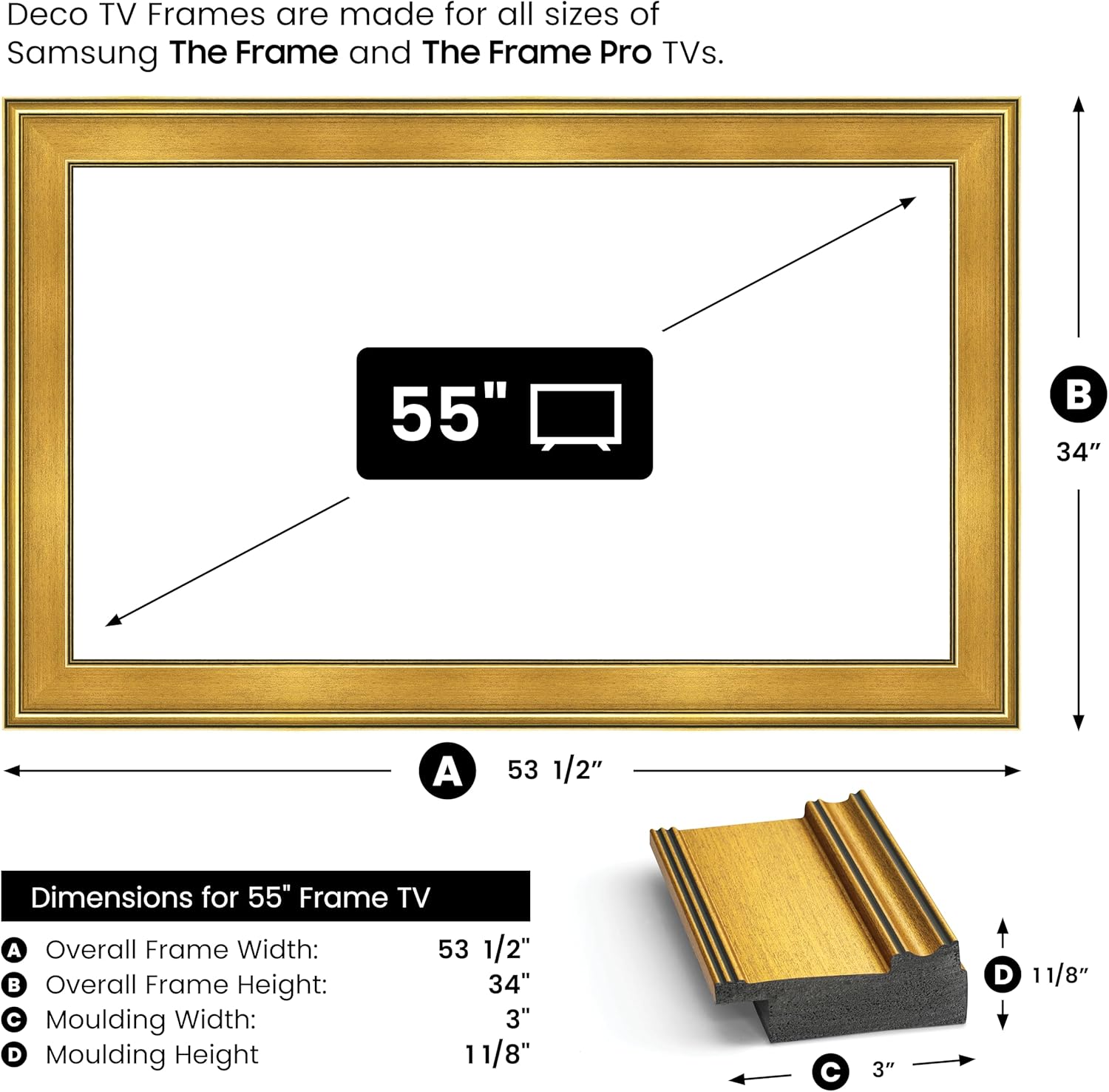 Antique Gold 55' Premiere Deco TV Frame - Compatible ONLY with Samsung The Frame TVs (Fits 2021-2026, LS03A, LS03B, LS03C, LS03D, LS03FA)