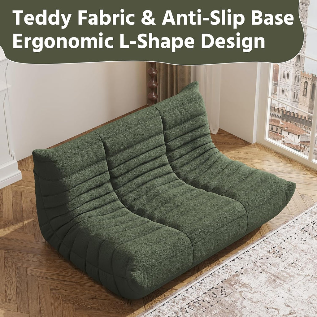 Giant Loveseat Boneless Bean Bag Chair for Adults - Teddy Fleece Fireside Accent Chair with Memory Foam, Comfy Lazy Floor Sofa Couch Chaise Lounge for Living Room Bedroom Theater, 2 Seater, Green