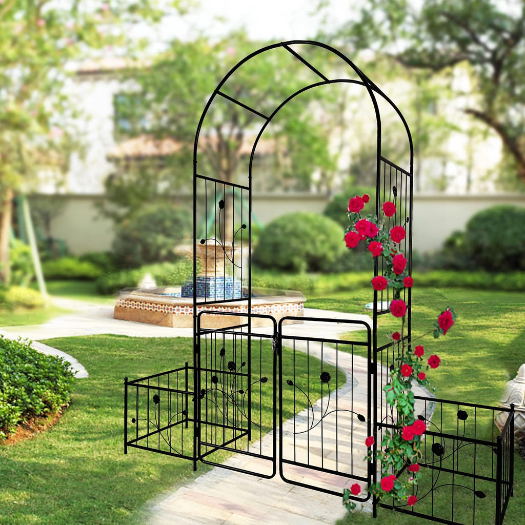 Metal Outdoor Garden Arch Iron Arbors Gazebo with 2 Plant Stands,High Birdcage Shape Pergola Pavilion,W/Ouble Gate Design,for Ivy Vines,Rose,Morning Glory,Black,79.5'x86.6'