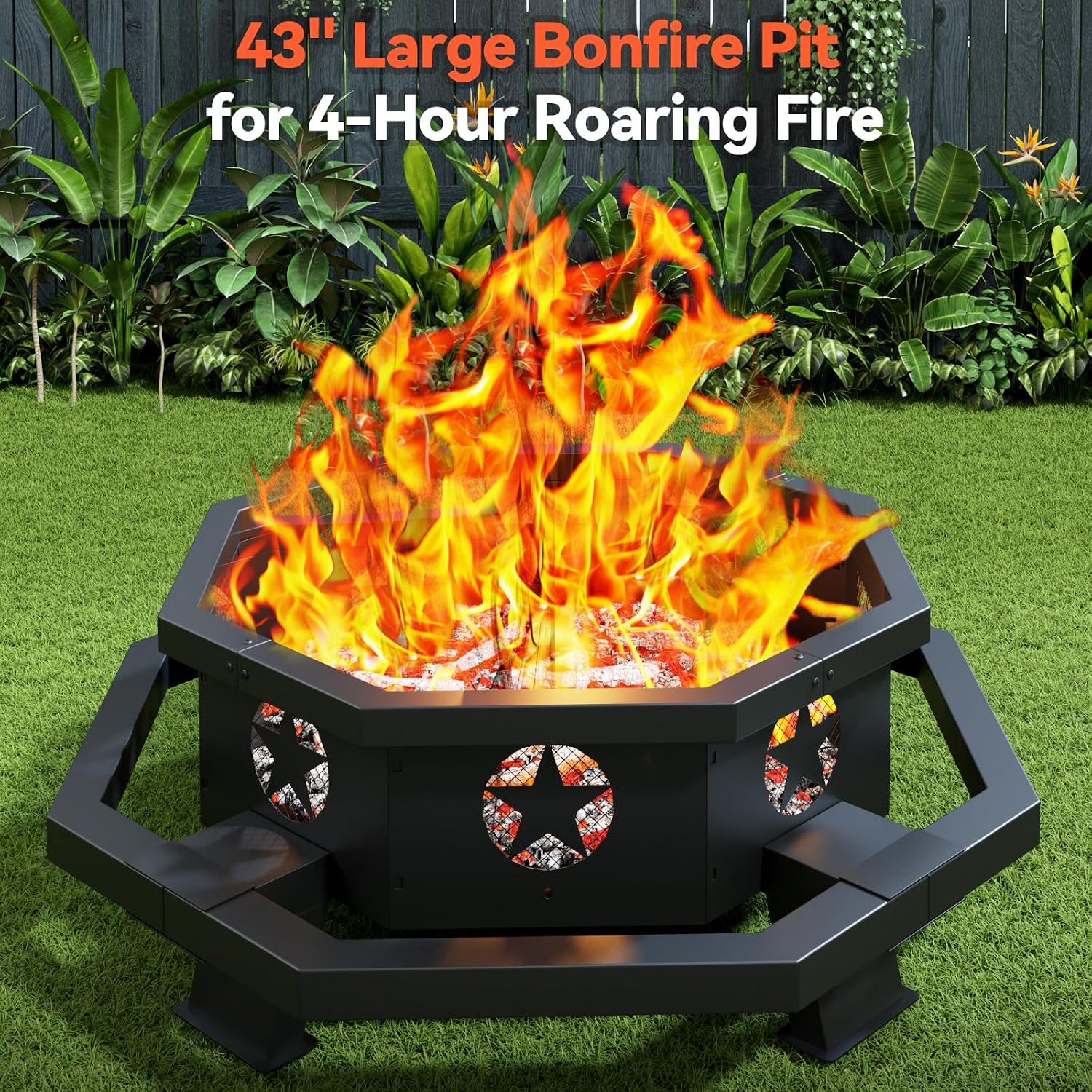 43 inch Large Fire Pit, Outdoor Fire Pit with Heavy Duty Construction, Wood Burning Fire Pits for Outside Octagonal Firepit for Camping, Backyard, Patio, Black