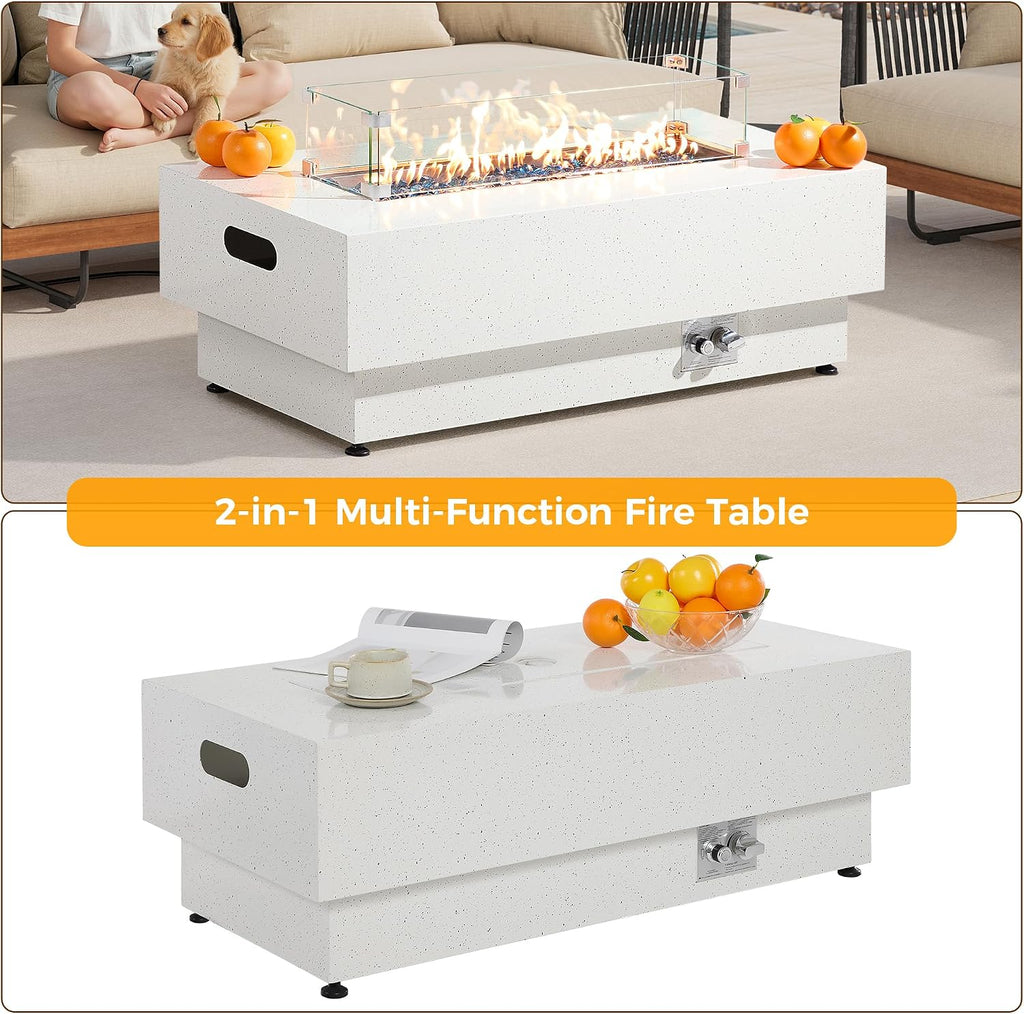 IRONCK 43-inch Outdoor Propane Fire Pit Table w Tank Table, CSA Certified, 2 in 1 Rectangular Patio Fire Pit w Glass Rocks, Wind Guard and Cover, 50000 BTU Outdoor Heater for Garden, Pool, White