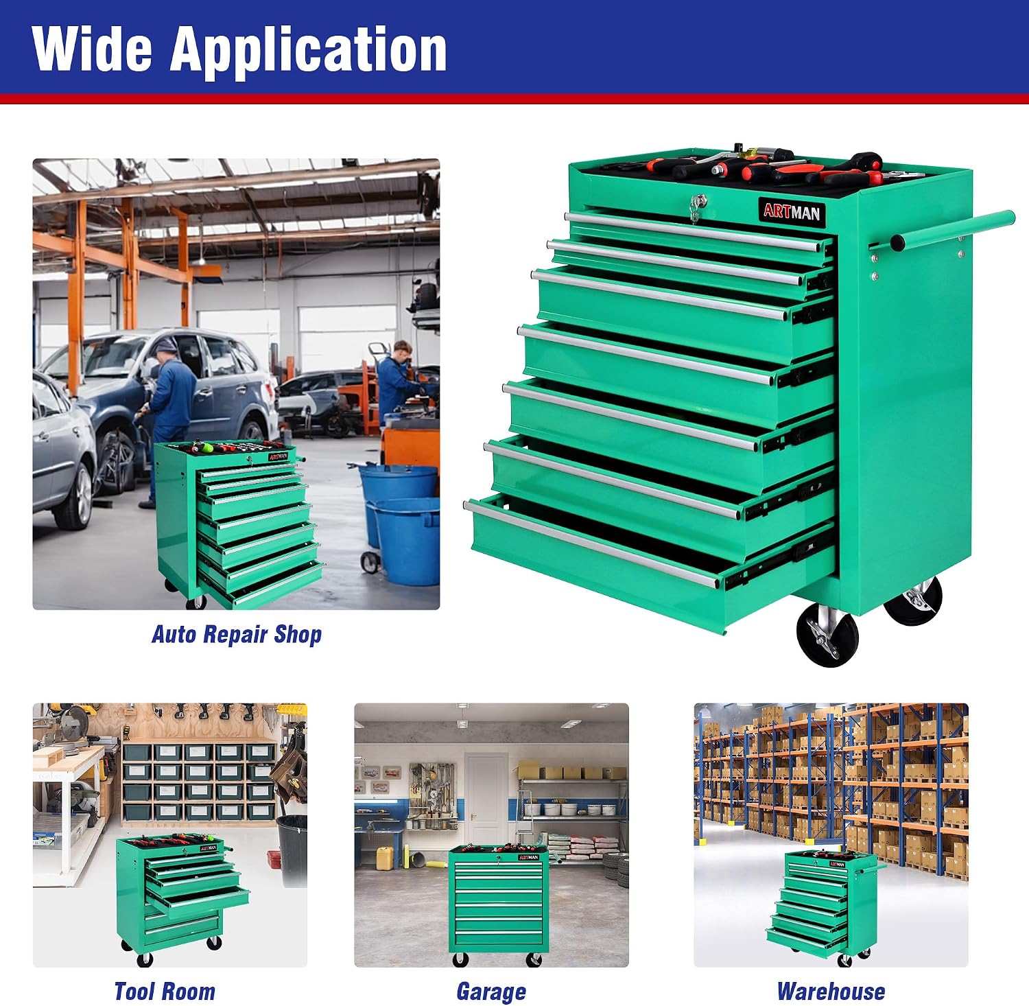 7 Drawers Tool Cart on Wheels, 7 Drawer Rolling Tool Chest with Key Lock, Trolley Organizer Tool Case, Multifunctional Rolling Tool Box for Garage,Warehouse,Workshop,Repair Shop (Green)